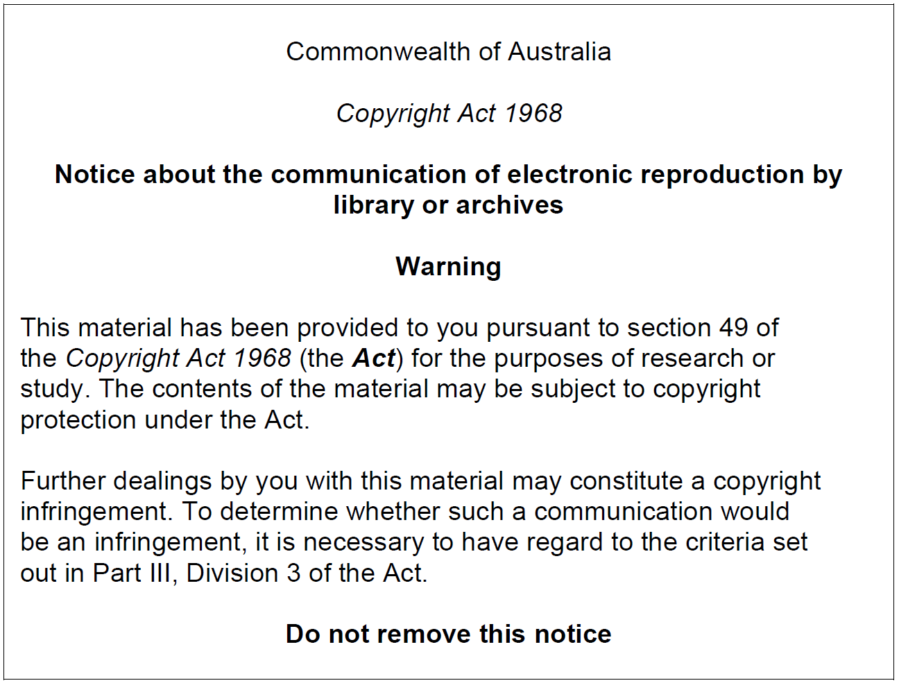 Copyright warning notice - s49